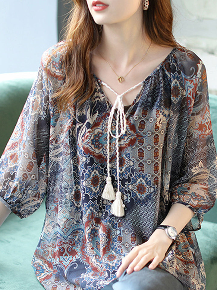 Kayla Loose Lantern Sleeve Auricular Floral Chiffon Top