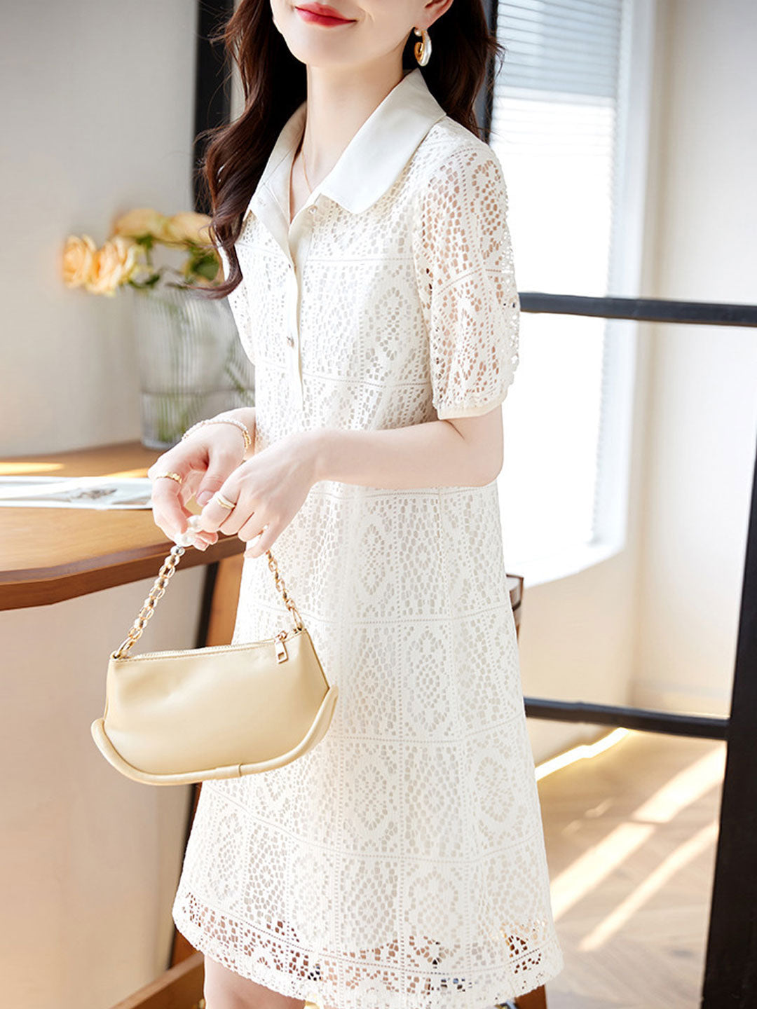 Olivia Retro Lapel Hollowed Embroidered Dress