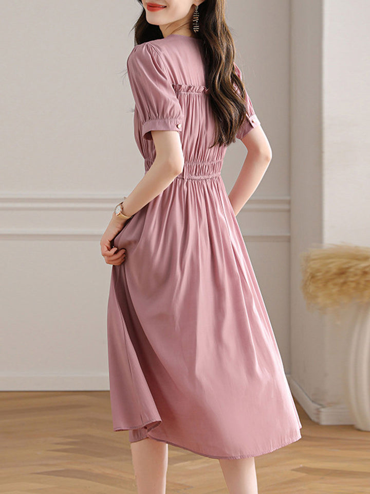 Sarah Elegant Puff Sleeve Pleated Dress