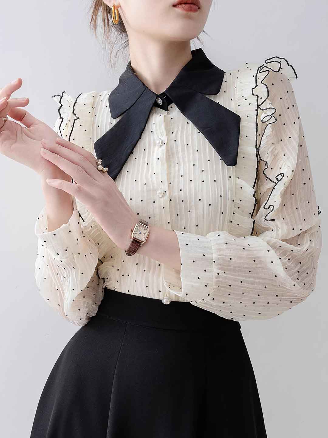 Ava Elegant Bow Lantern Sleeve Polka Dot Chiffon Shirt