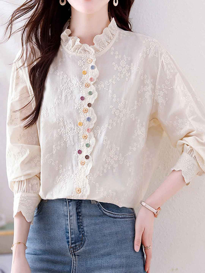 Sophia Classic Ruffle Collar Hollowed Embroidered Top