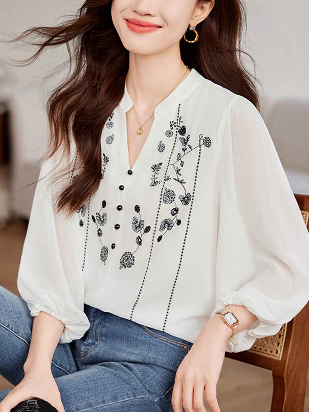 Sydney Loose V-Neck Lantern Sleeve Embroidered Chiffon Top