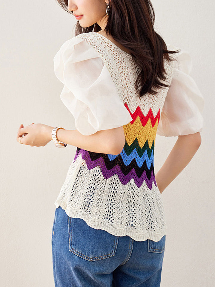 Zoe Retro Puff Sleeve Hollowed Knitted Top