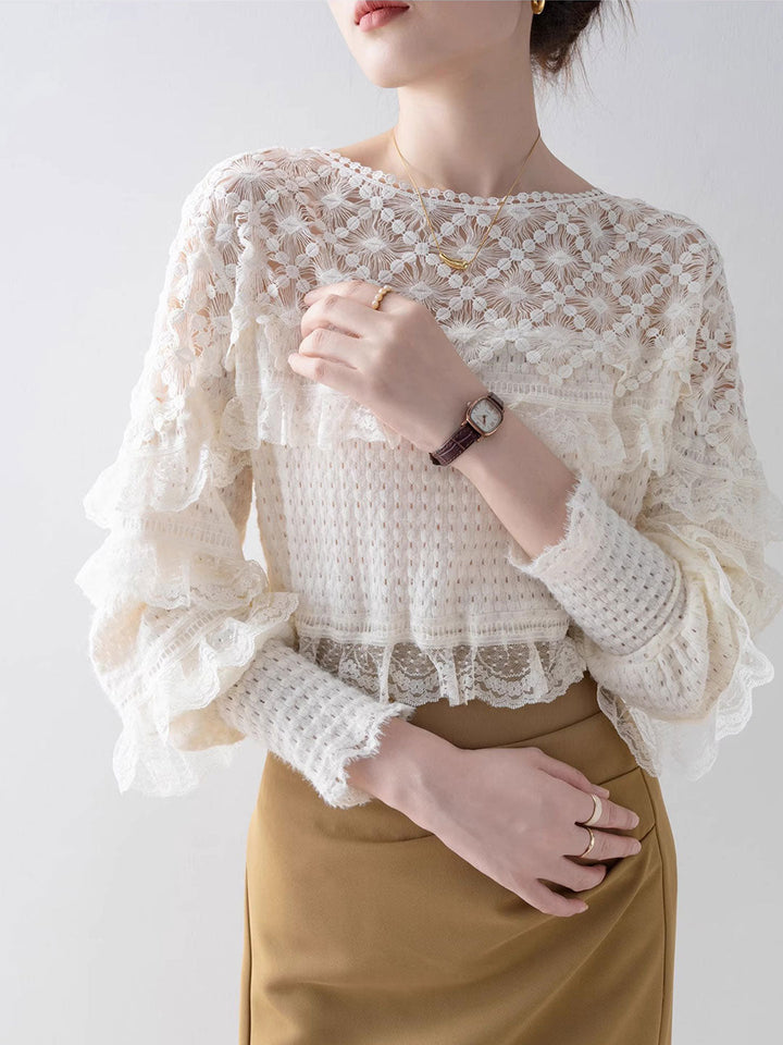 Allison Retro Crew Neck Solid Color Patchwork Lace Top