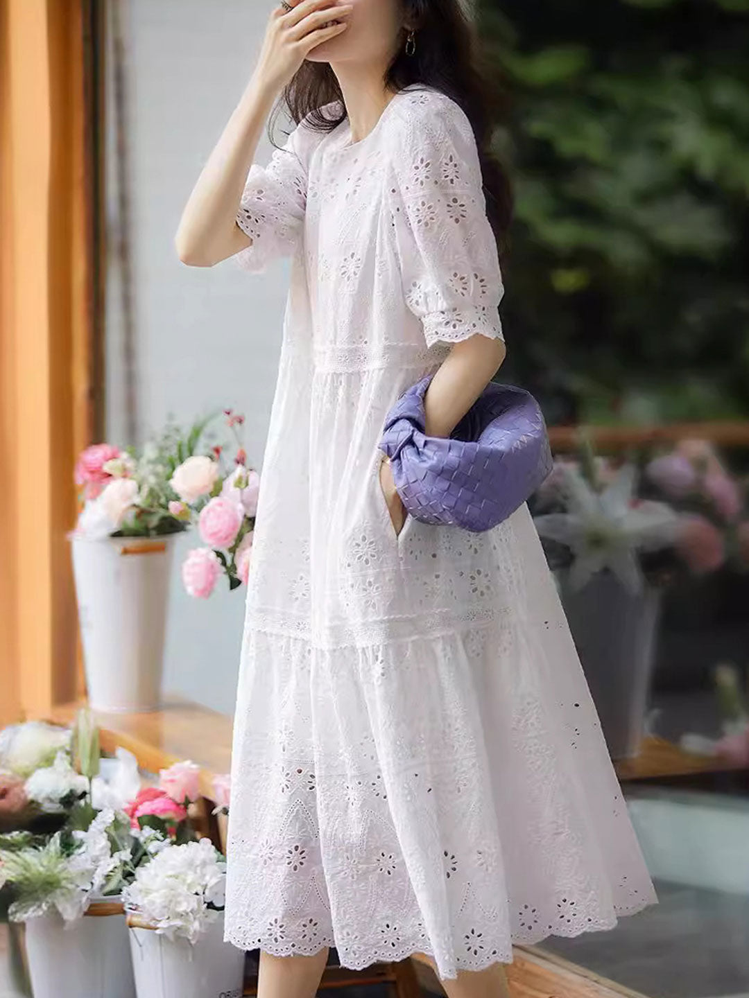 Sophie Classic Puff Sleeve Embroidered Hollowed Dress