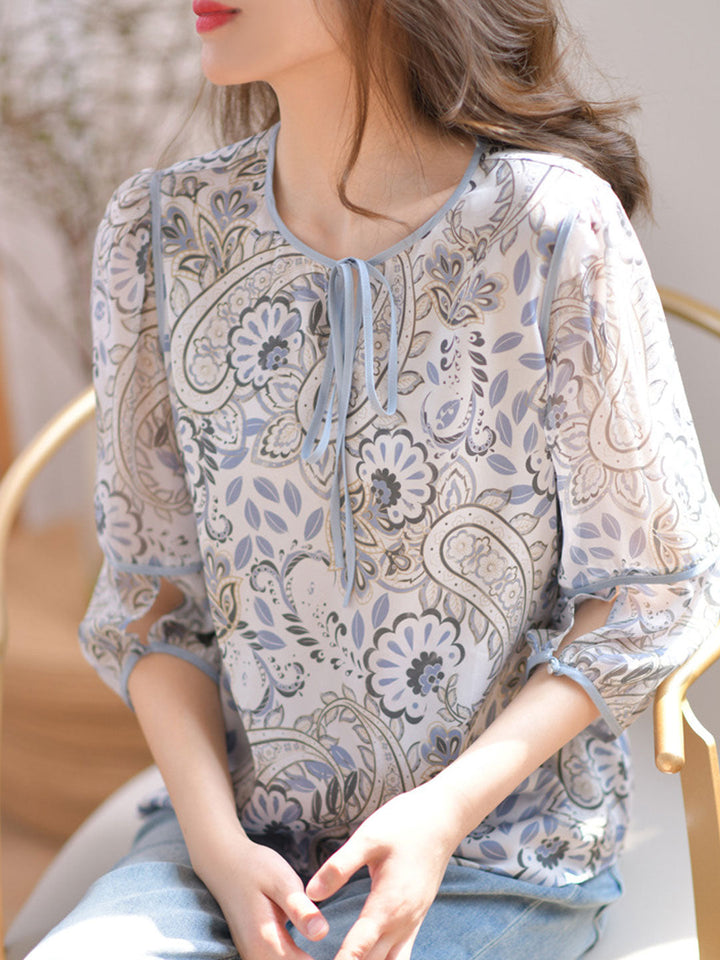 Sophia Loose Lantern Sleeve Printed Tie Top