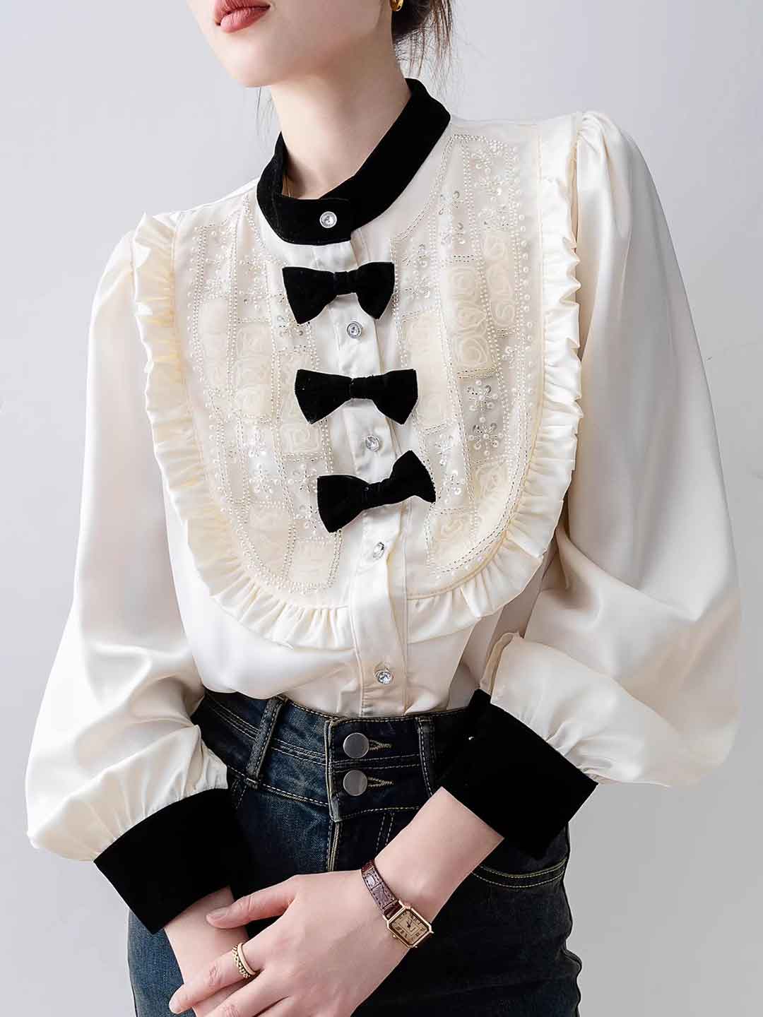 Mya Vintage Crew Neck Puffer Sleeve Satin Beaded Shirt