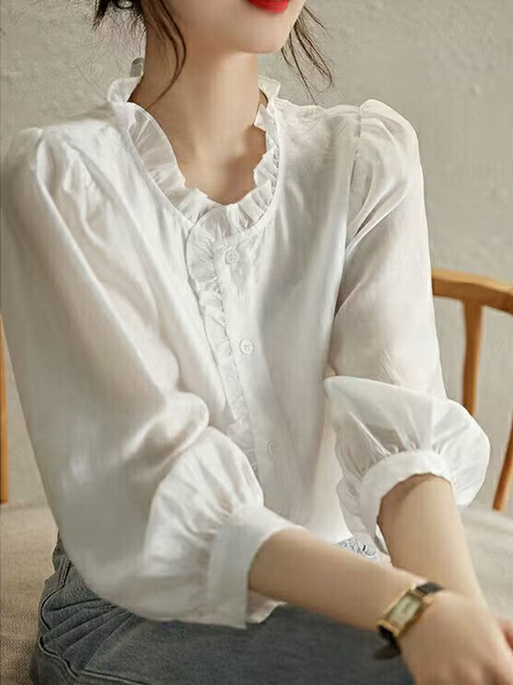 Mia Retro Auricular Chiffon Shirt-White