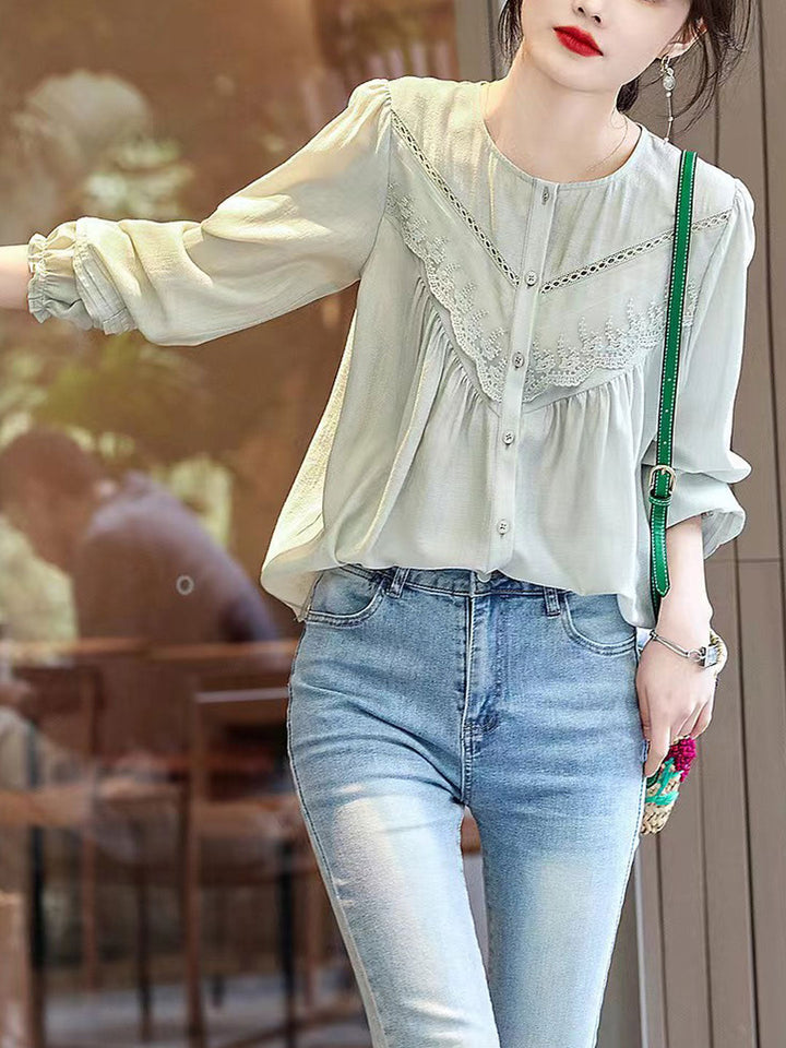 Ella Classic Crew Neck Puff Sleeve Lace Blouse