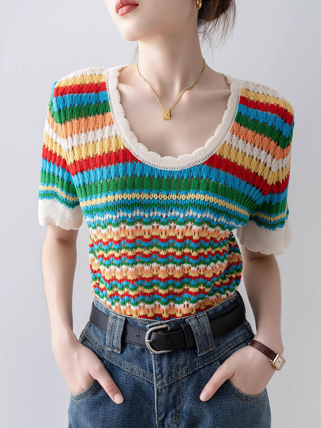 Nevaeh Classic Rainbow Striped Hollowed Knitted Top