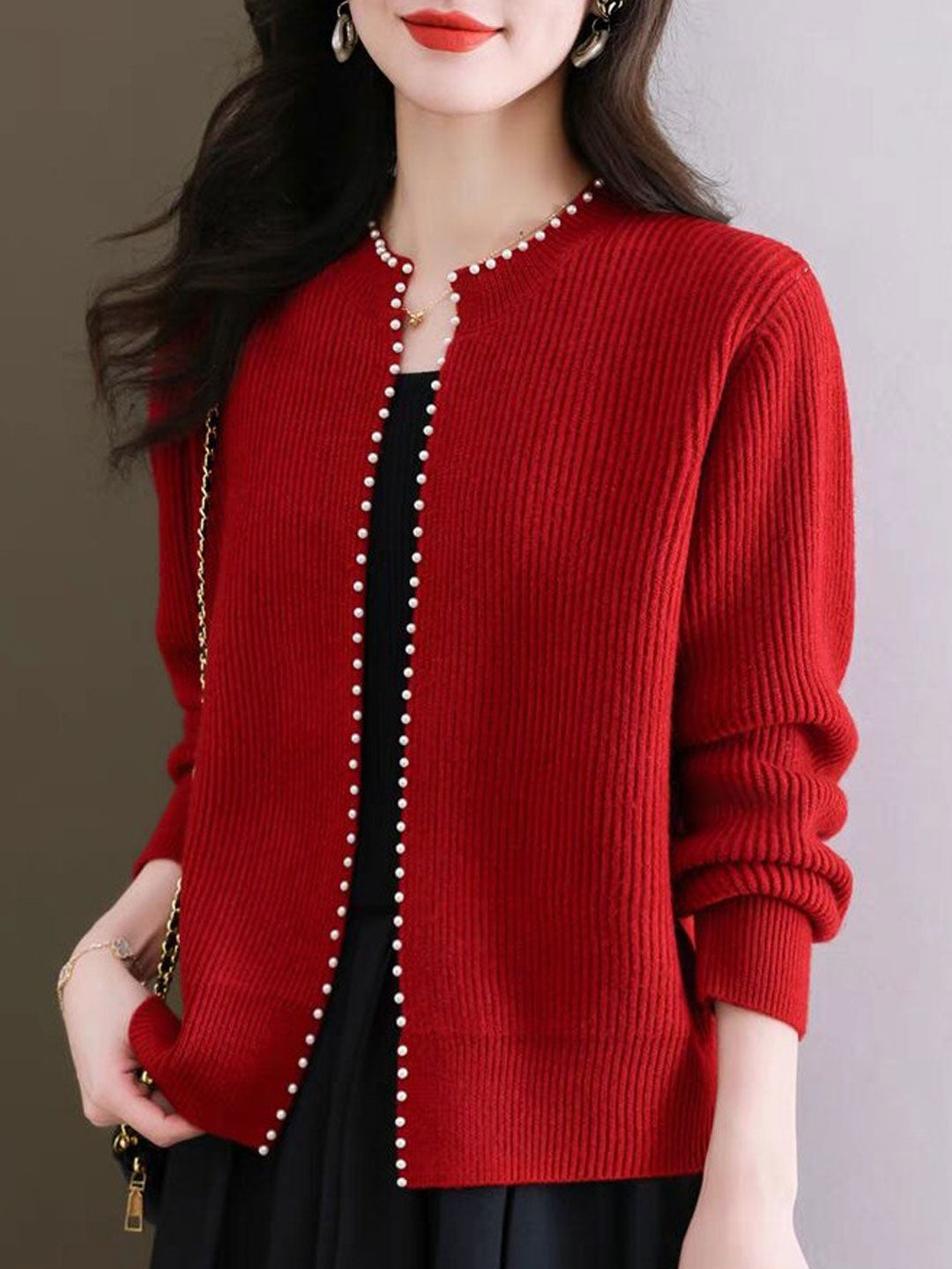 Mariah Classic Crew Neck Beaded Knitted Cardigan