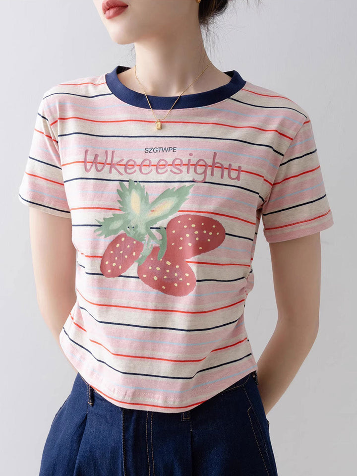 Brianna Cute Crew Neck Striped Printed Top