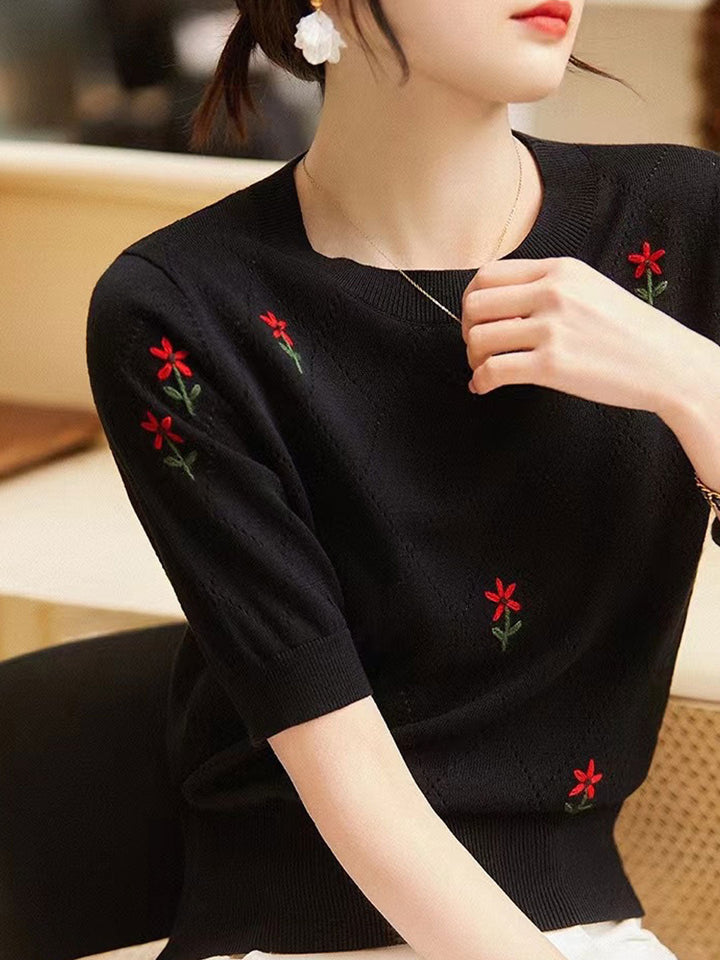 Maria Crew Neck Embroidered Hollowed Knitted Top