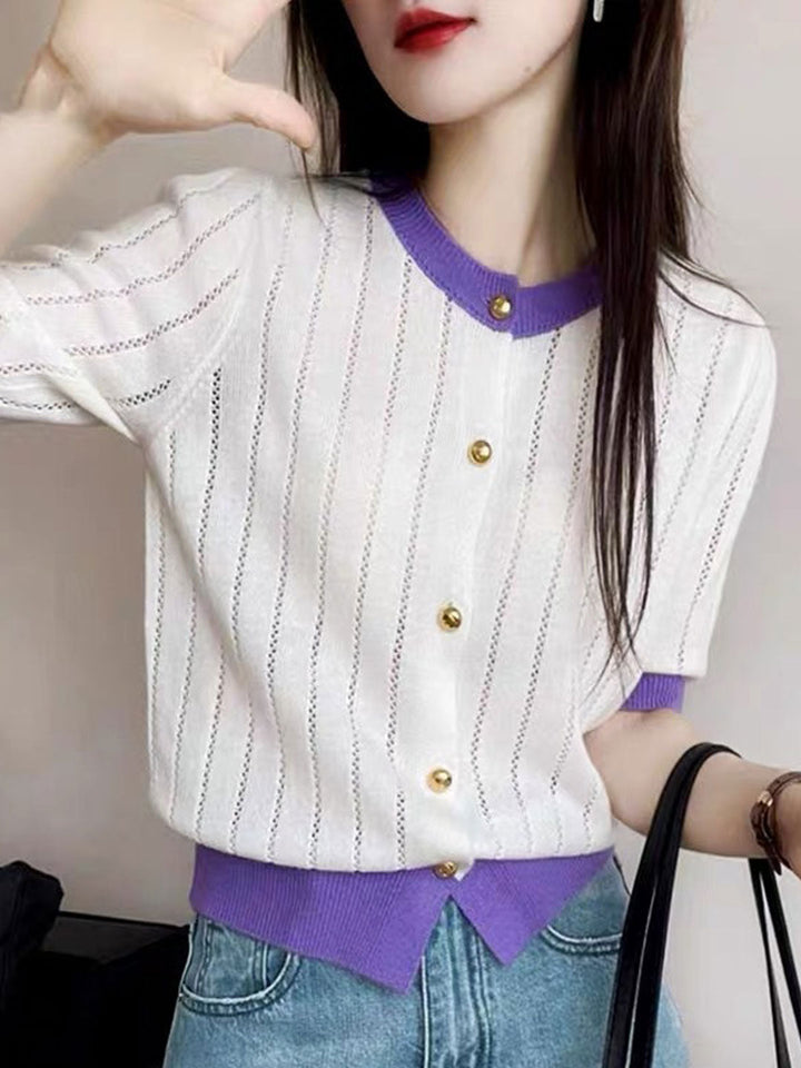 Anna Crew Neck Hollowed Color Block Knitted Cardigan