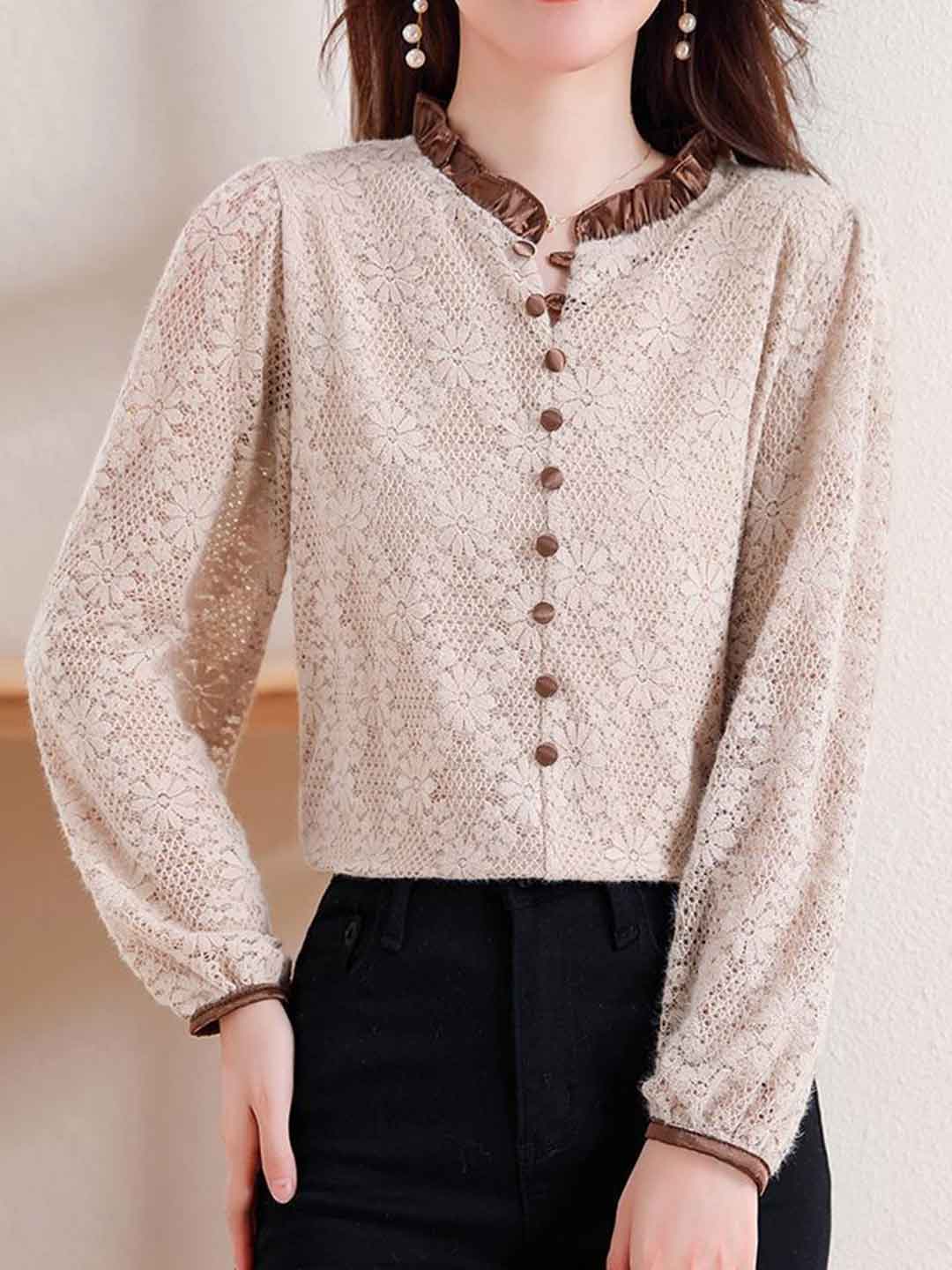 Kaitlyn Elegant Crew Neck Lace Blouse