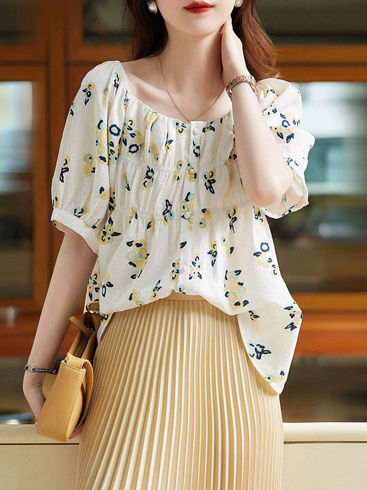 Emma Loose Off-Shoulder Puff Sleeve Printed Top