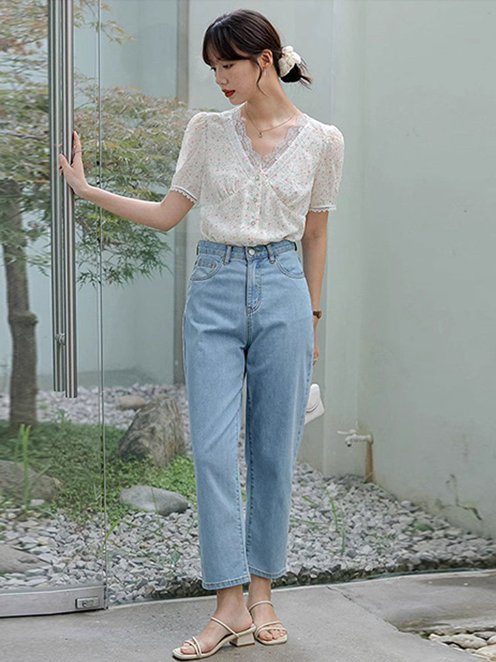 Madison Retro V-Neck Lace Floral Blouse