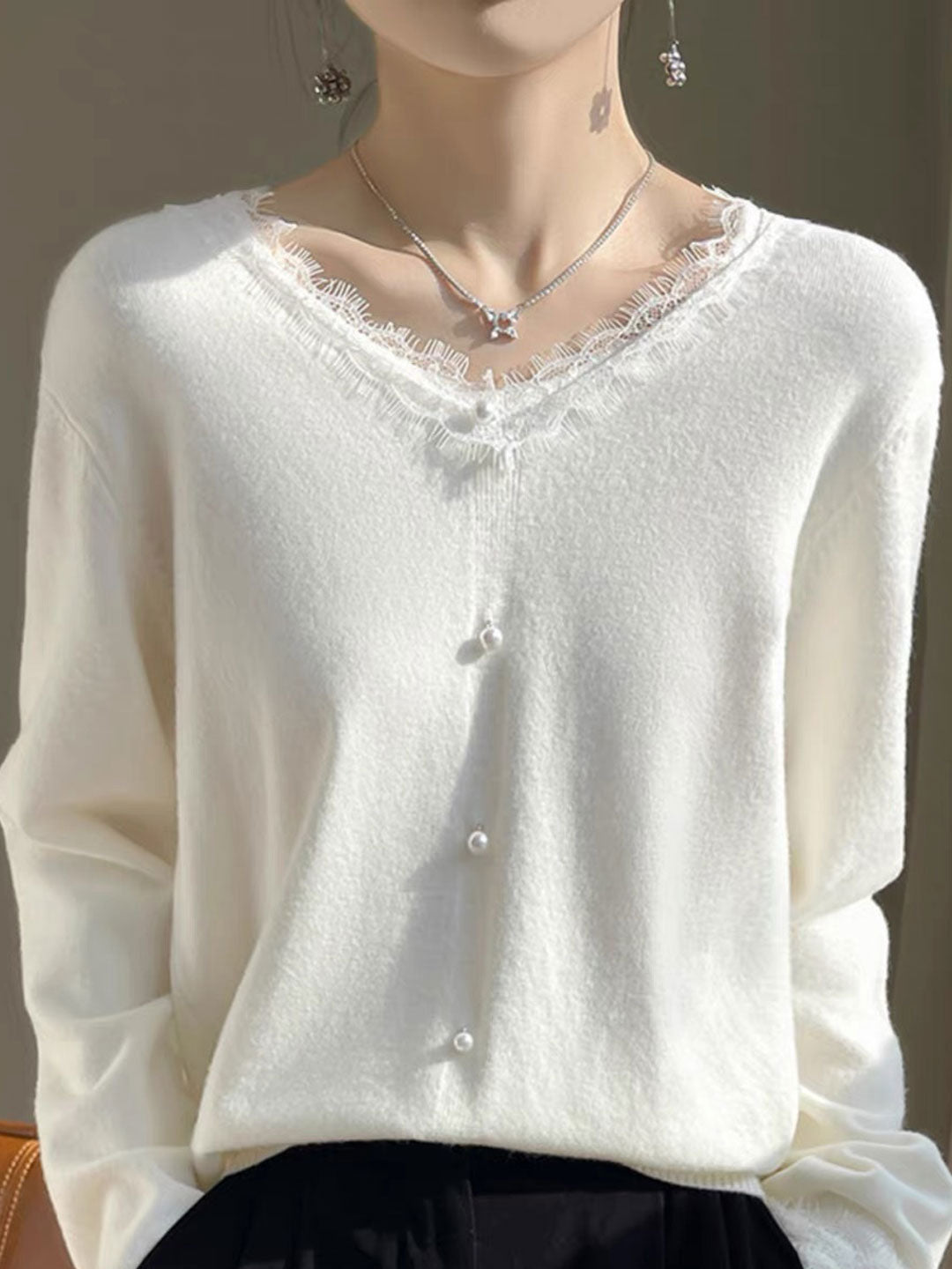 Faith Loose V-Neck Lace Knitted Top