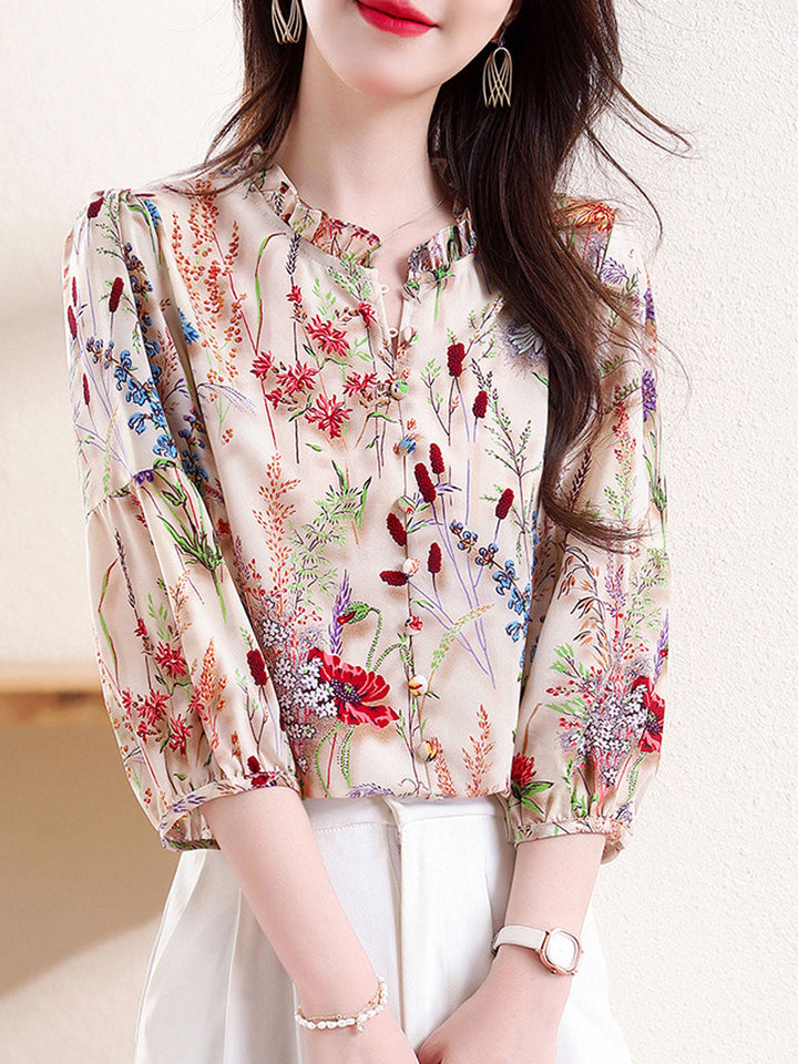 Sophia Retro Ruffle Collar Lantern Sleeve Floral Printed Top