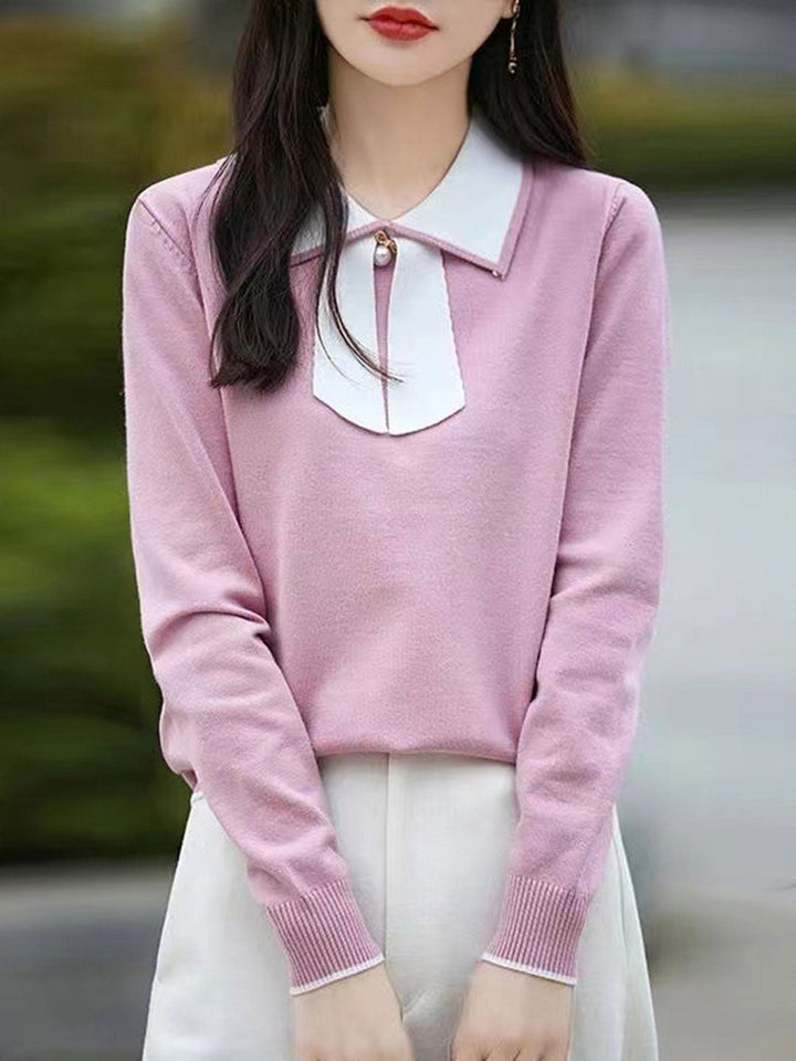 Natalie Cute Doll Collar Bow Colorblock Knitted Top