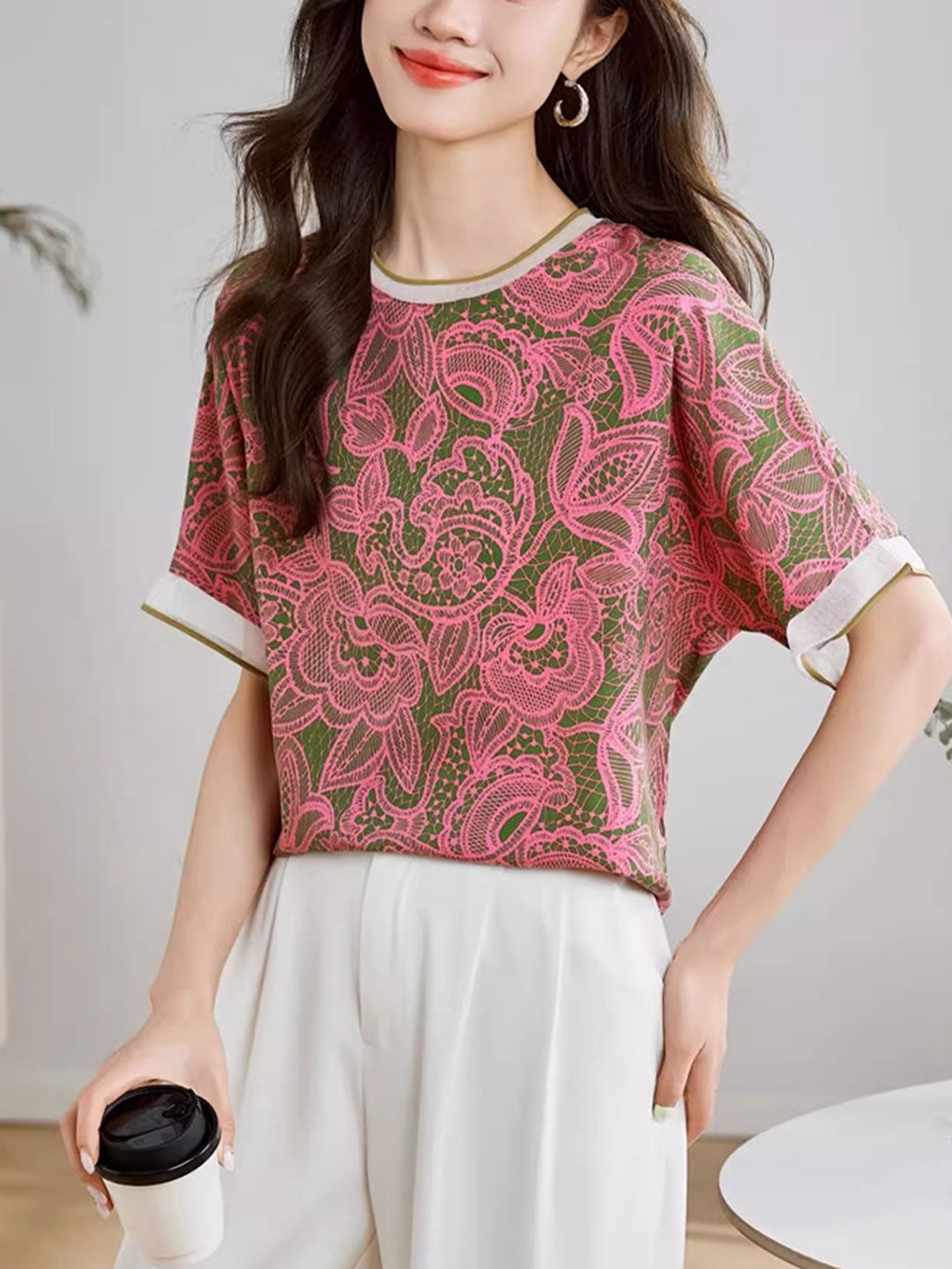 Aubrey Loose Crew Neck Floral Chiffon Top