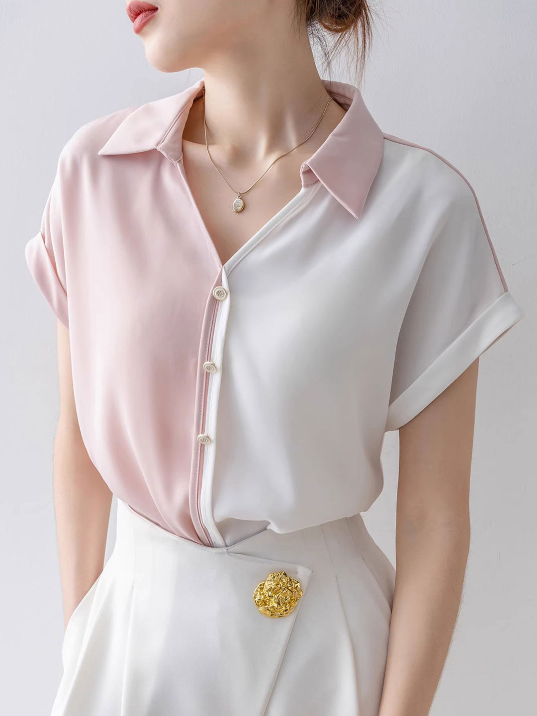 Caroline Loose Solid Color Satin Chiffon Shirt