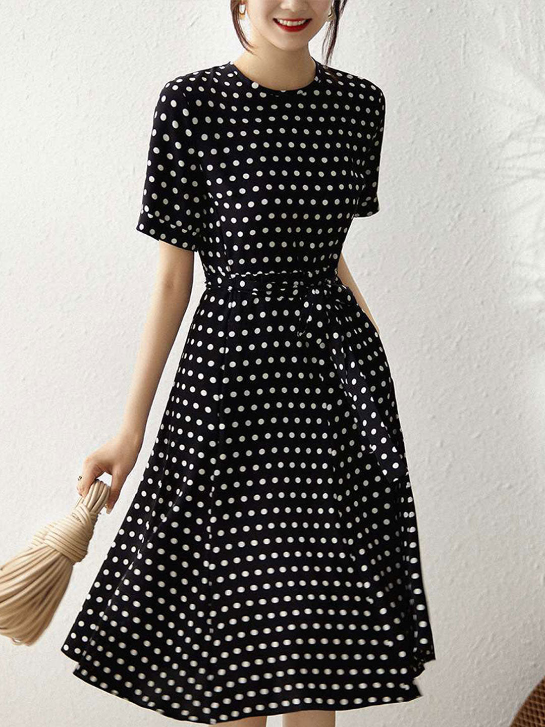 Chloe Elegant Crew Neck Tie Polka Dot Chiffon Dress