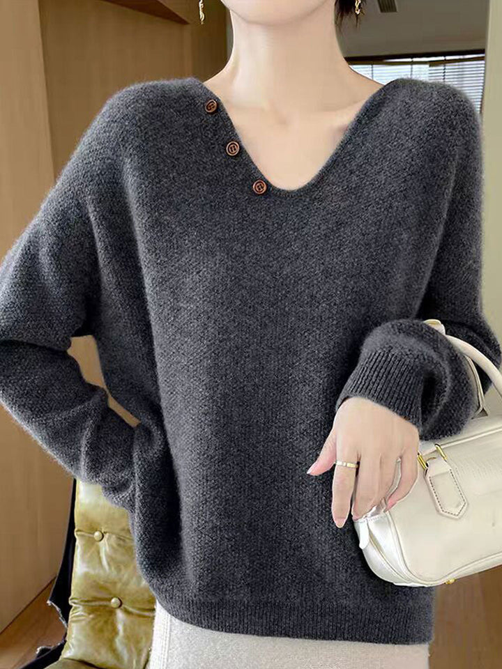 Ashley Loose V-neck Lantern Sleeve Button Knitted Sweater