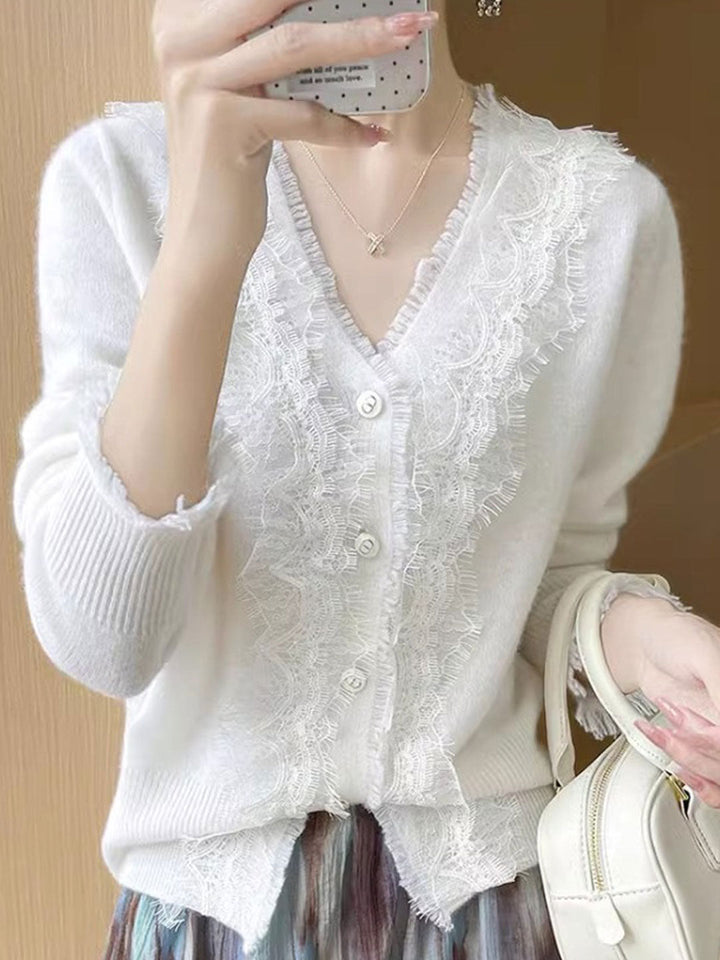 Emma Elegant V-Neck Lace Knitted Cardigan