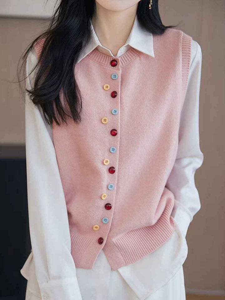 Sarah Classic Crew Neck Colorful Button Knitted Vest