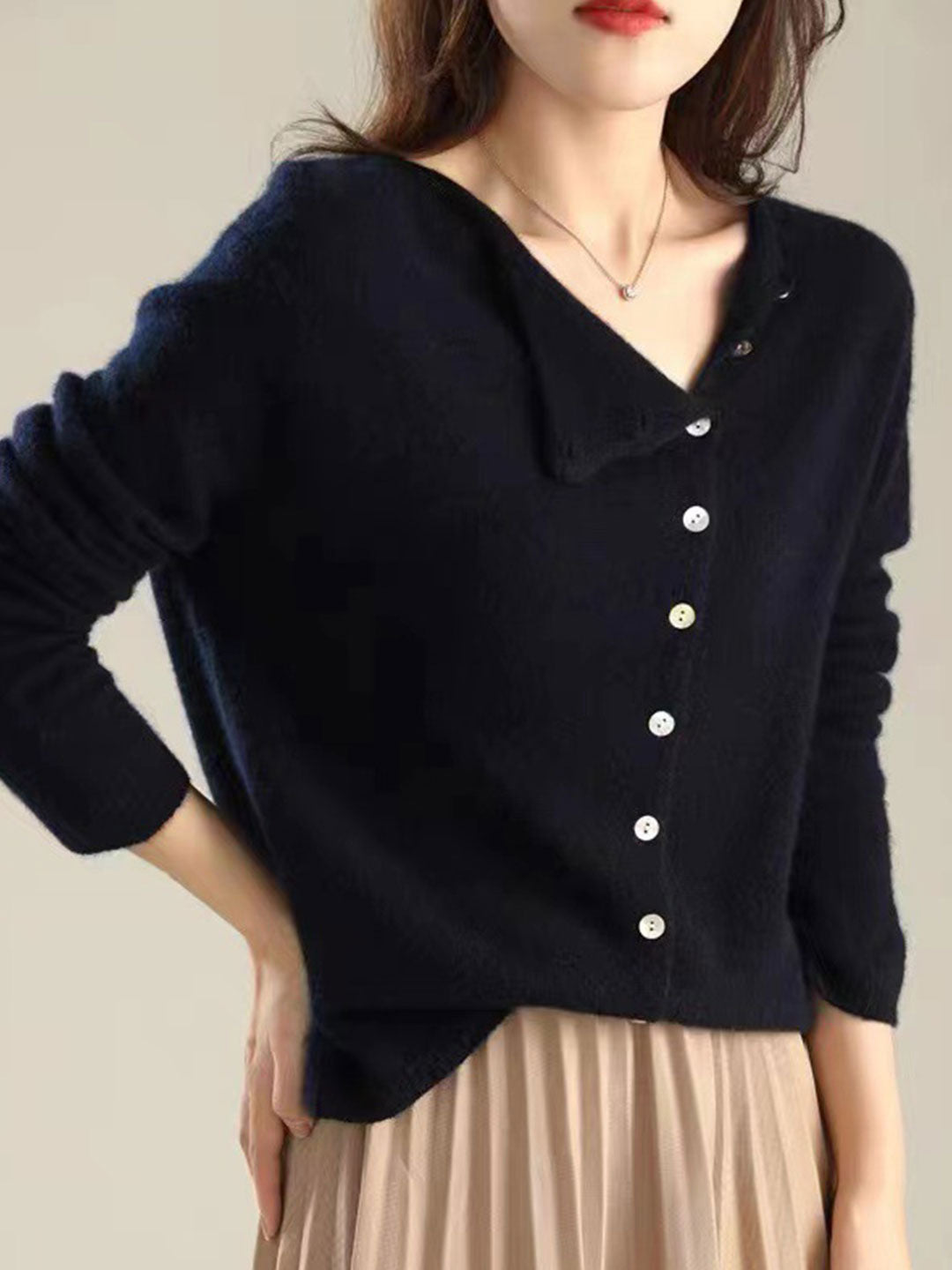 Kayla Classic Crew Neck Knitted Cardigan-Navy Blue