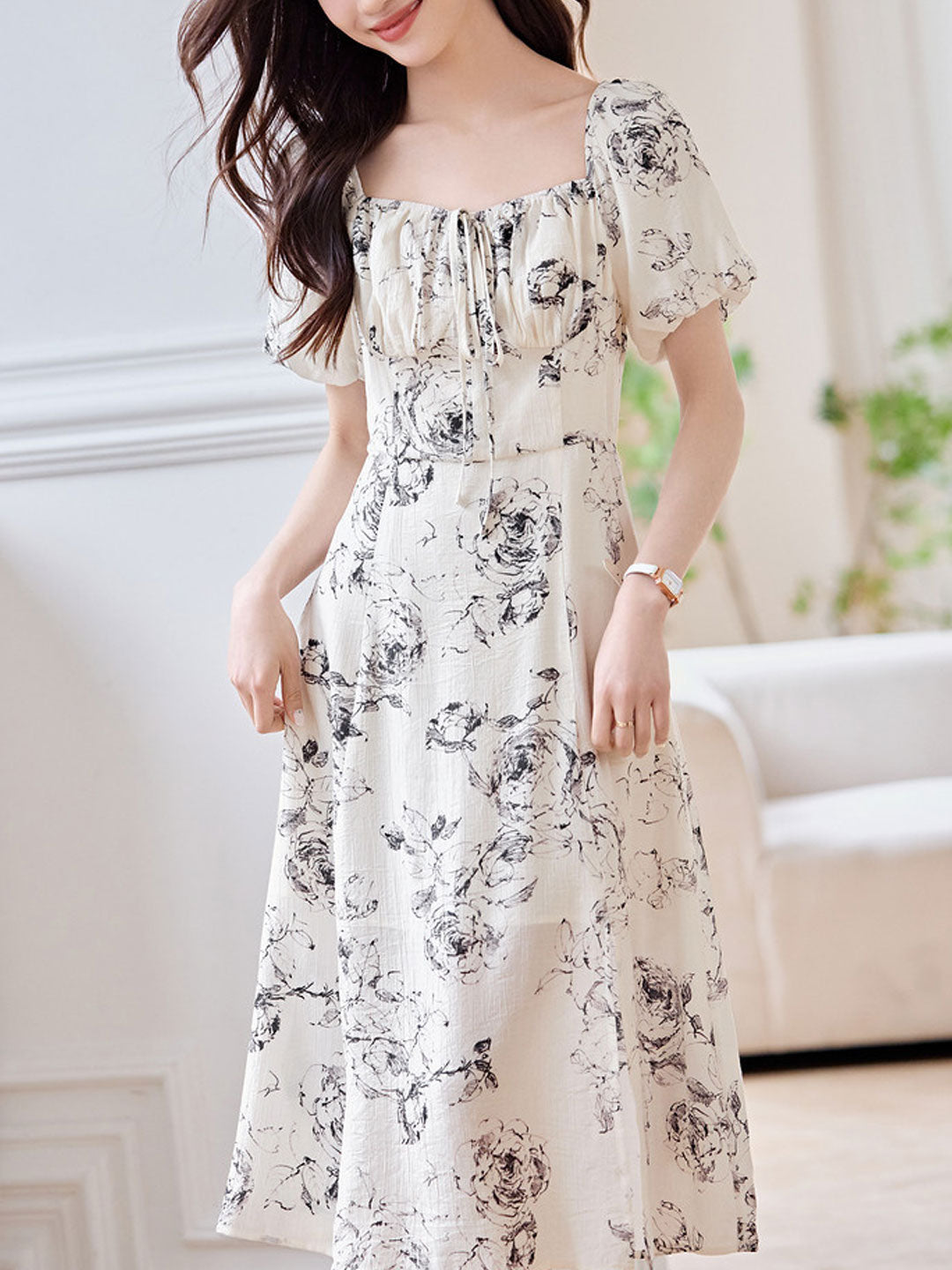 Selina Classic Square Neck Puff Sleeve Floral Dress