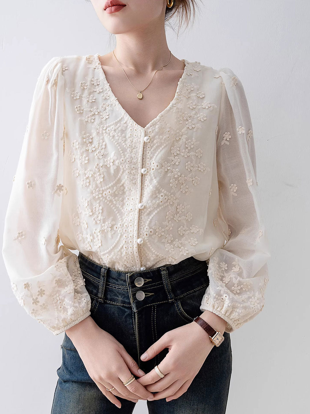 Taylor Retro V-Neck Lace Chiffon Blouse