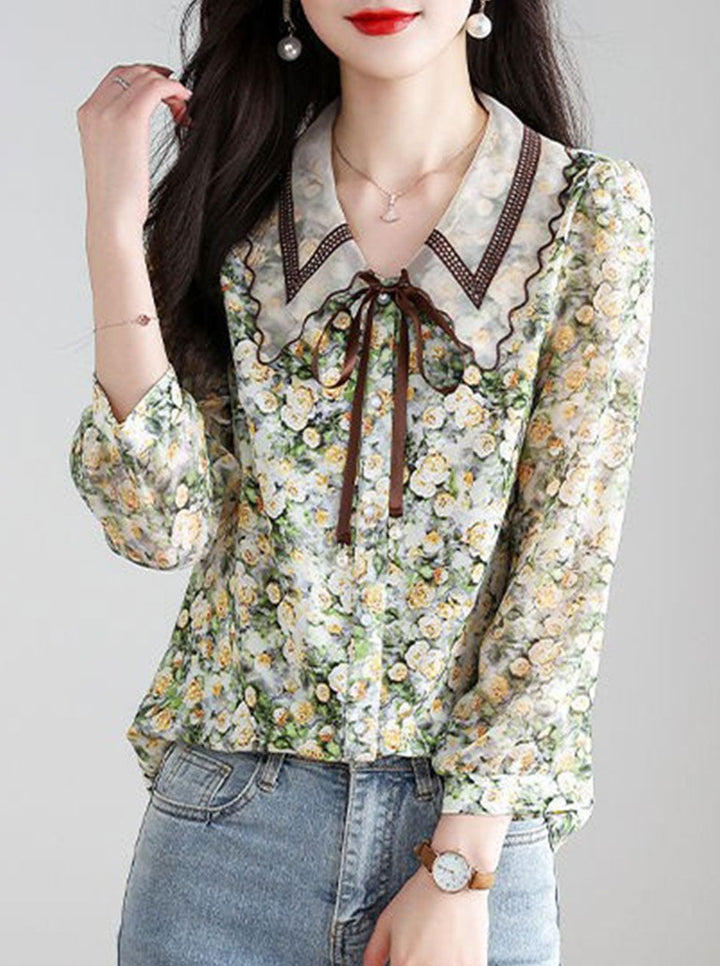 Rachel Classic Printed Floral Chiffon Shirt-Green