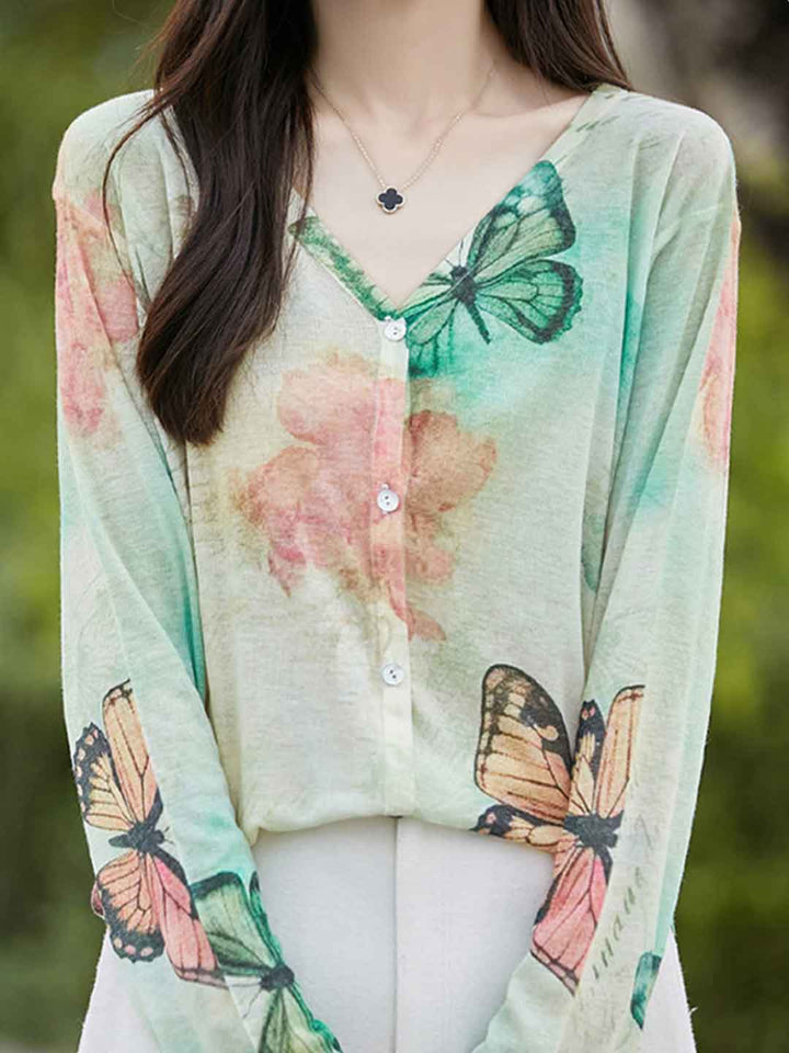 Sarah Loose V-Neck Printed Cardigan