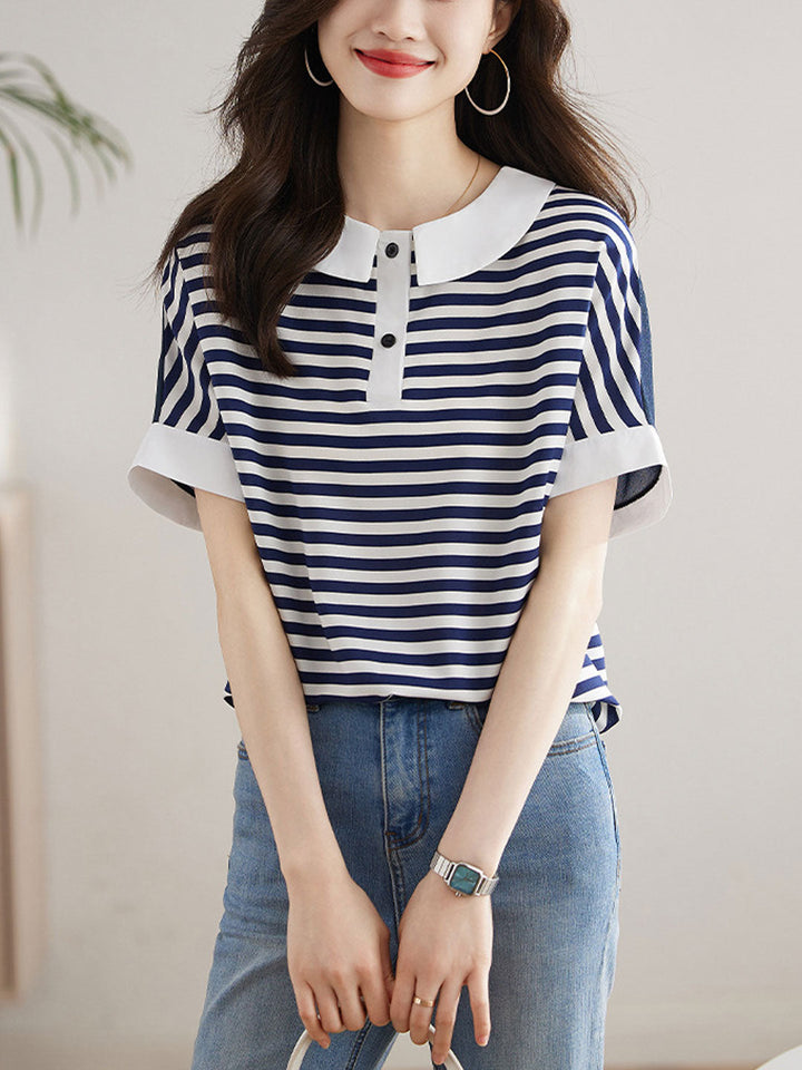 Brianna Loose Doll Collar Contrasted Chiffon Top