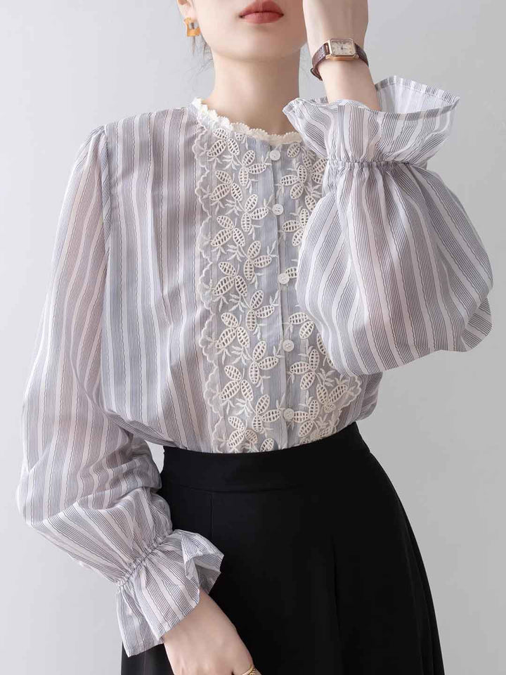 Jessica Vintage Mesh Embroidered Striped Lace Shirt