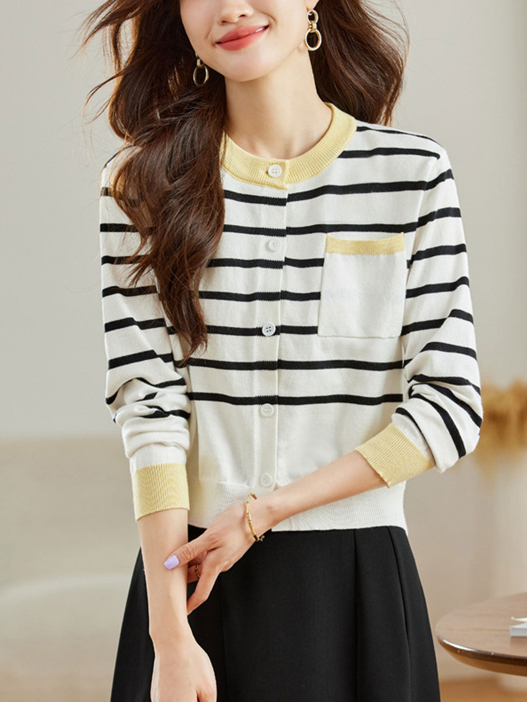 Mya Retro Crew Neck Striped Knitted Cardigan