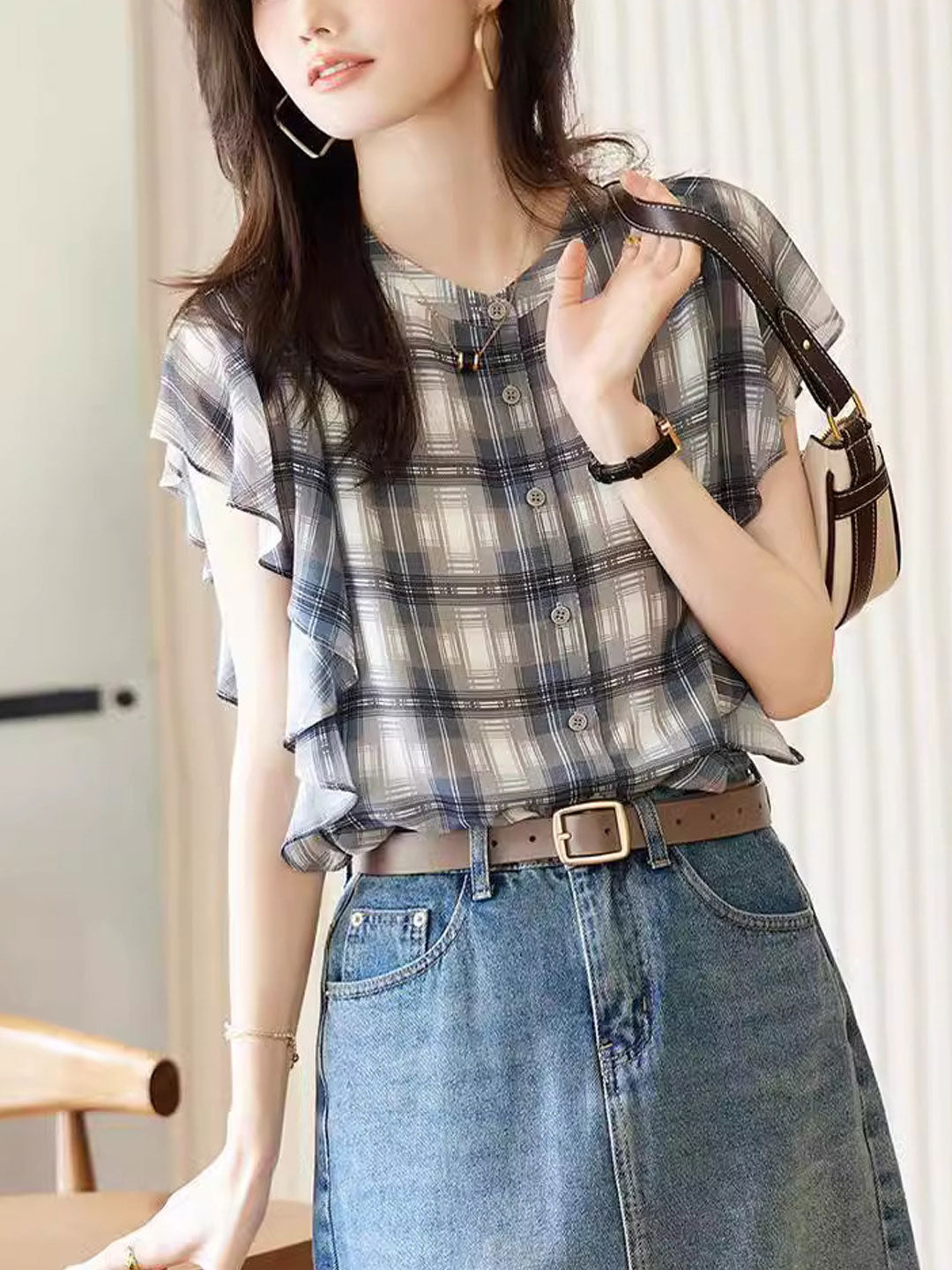 Rachel Casual Crew Ruffled Plaid Chiffon Top