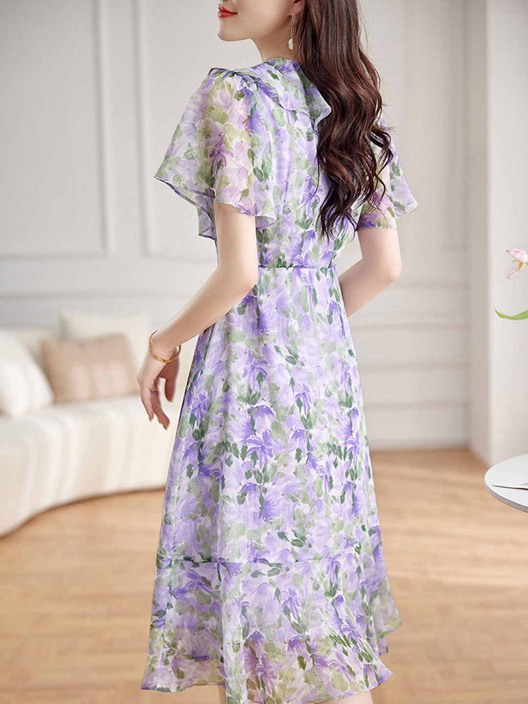 Joyce V-Neck Floral Printed Ruffle Maxi Tea Dress