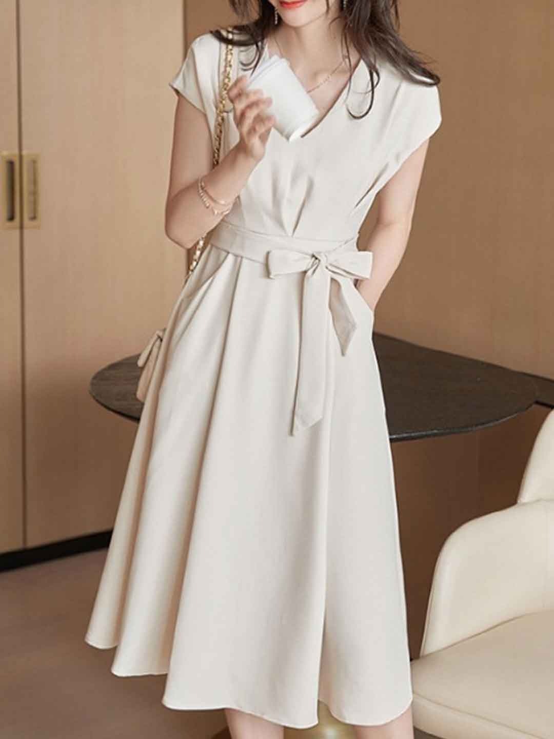 Brianna Classic V-Neck Solid Color Tie Dress