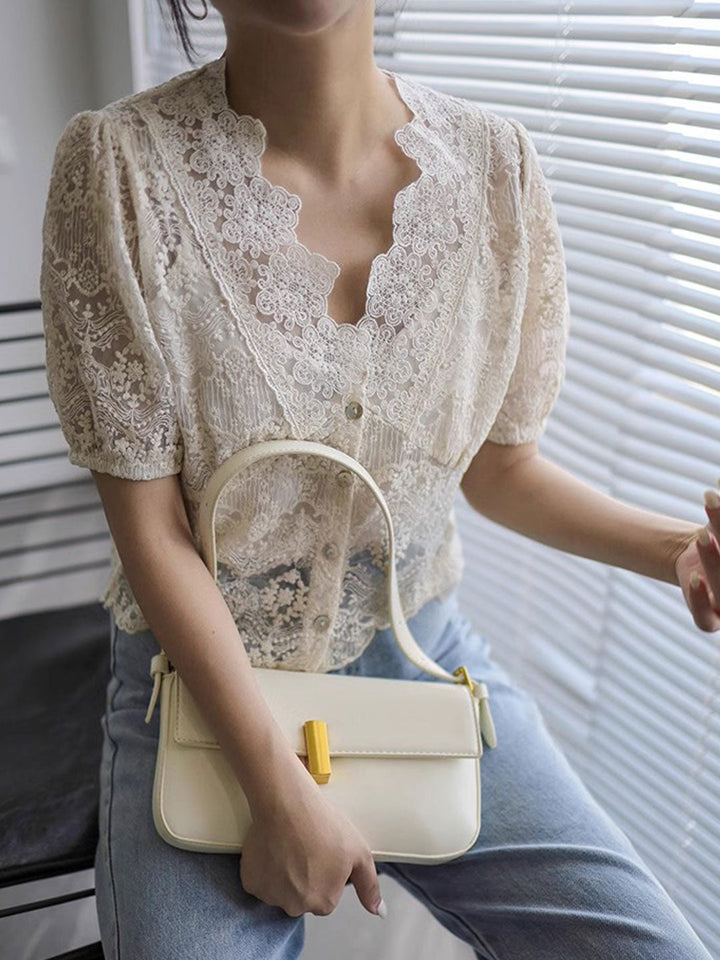 Maria Retro V-Neck Hollowed Lace Blouse