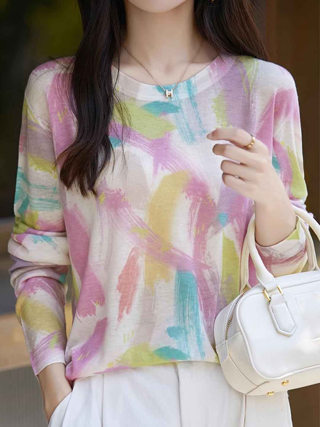 Nevaeh Casual Crew Neck Printed Wool Top