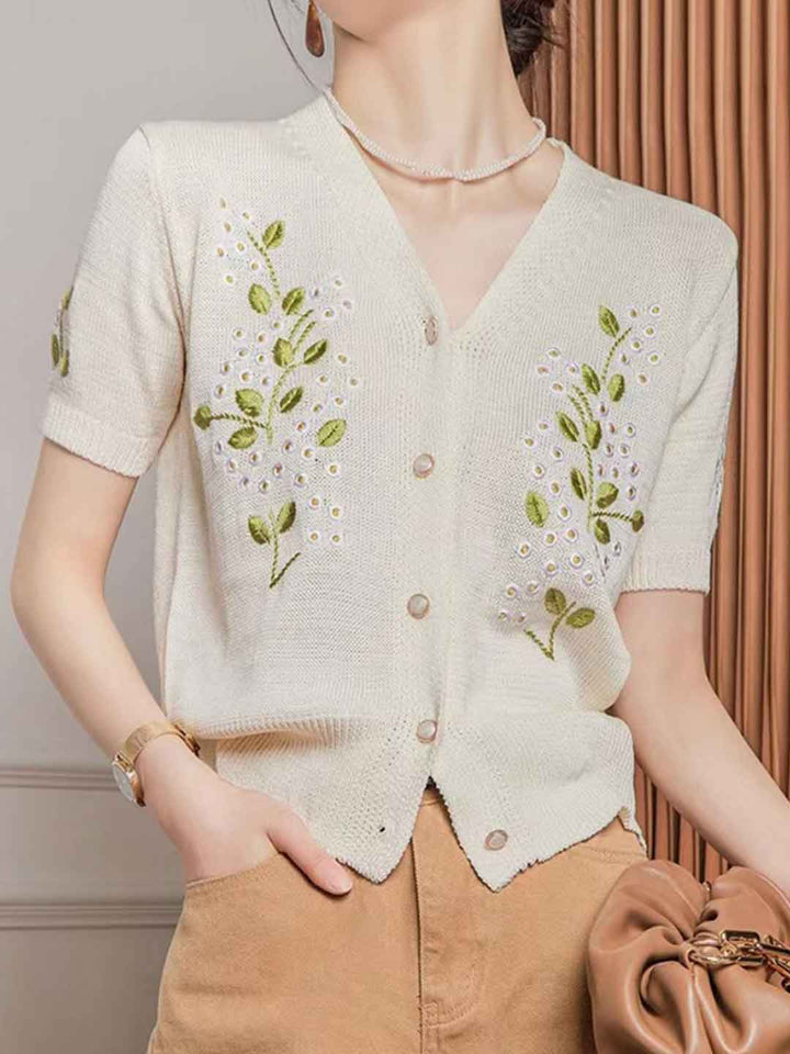 Kayla Classic V-Neck Embroidered Knitted Cardigan