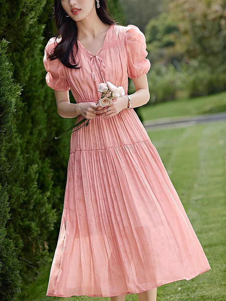 Grace Retro V-Neck Puff Sleeve Pleated Tie Dress