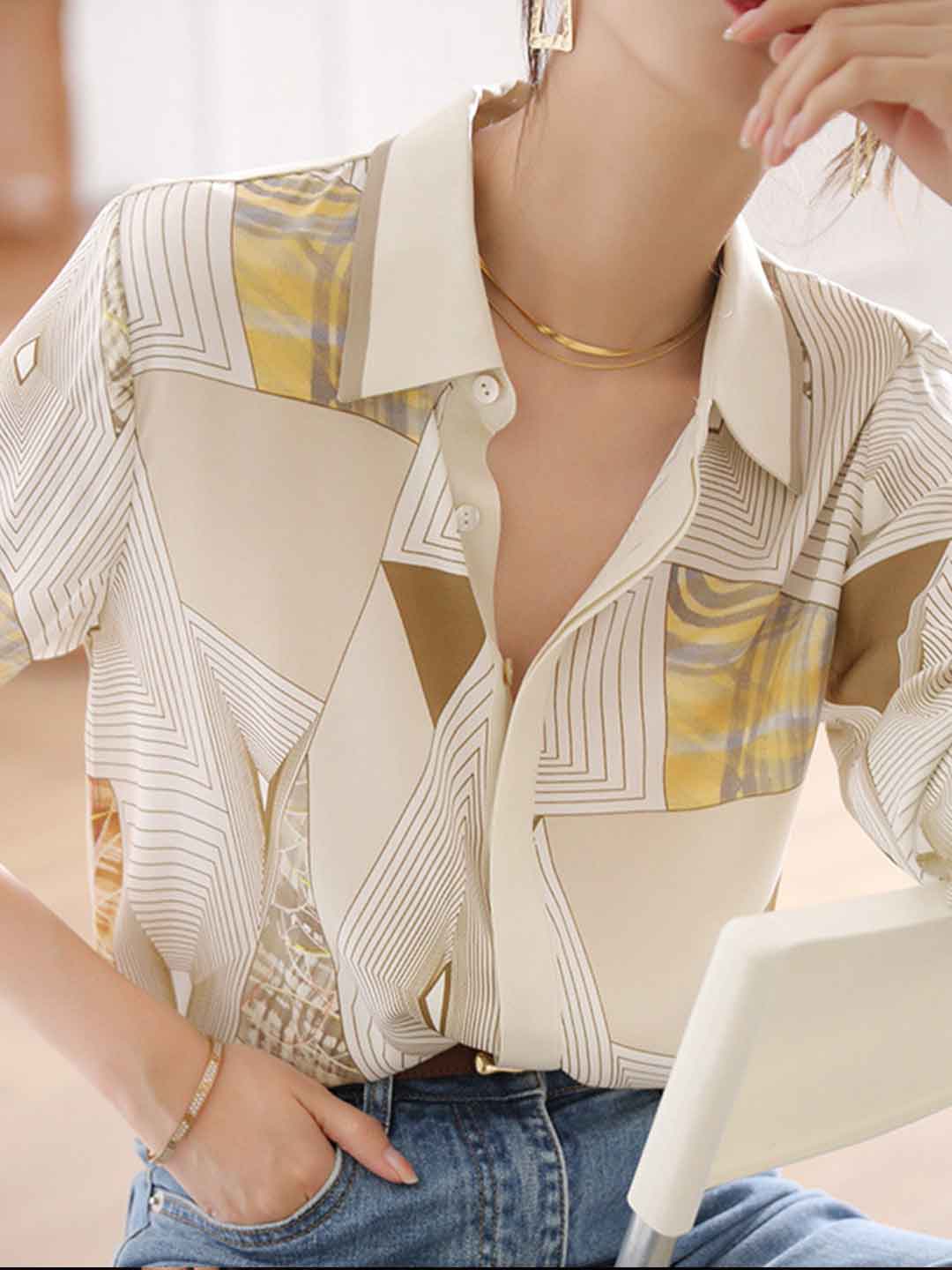 Lillian Classic V-neck Striped Printed Shirt