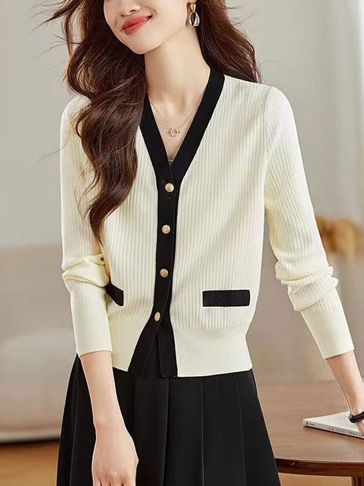 Mia Elegant V-Neck Contrast Knitted Cardigan