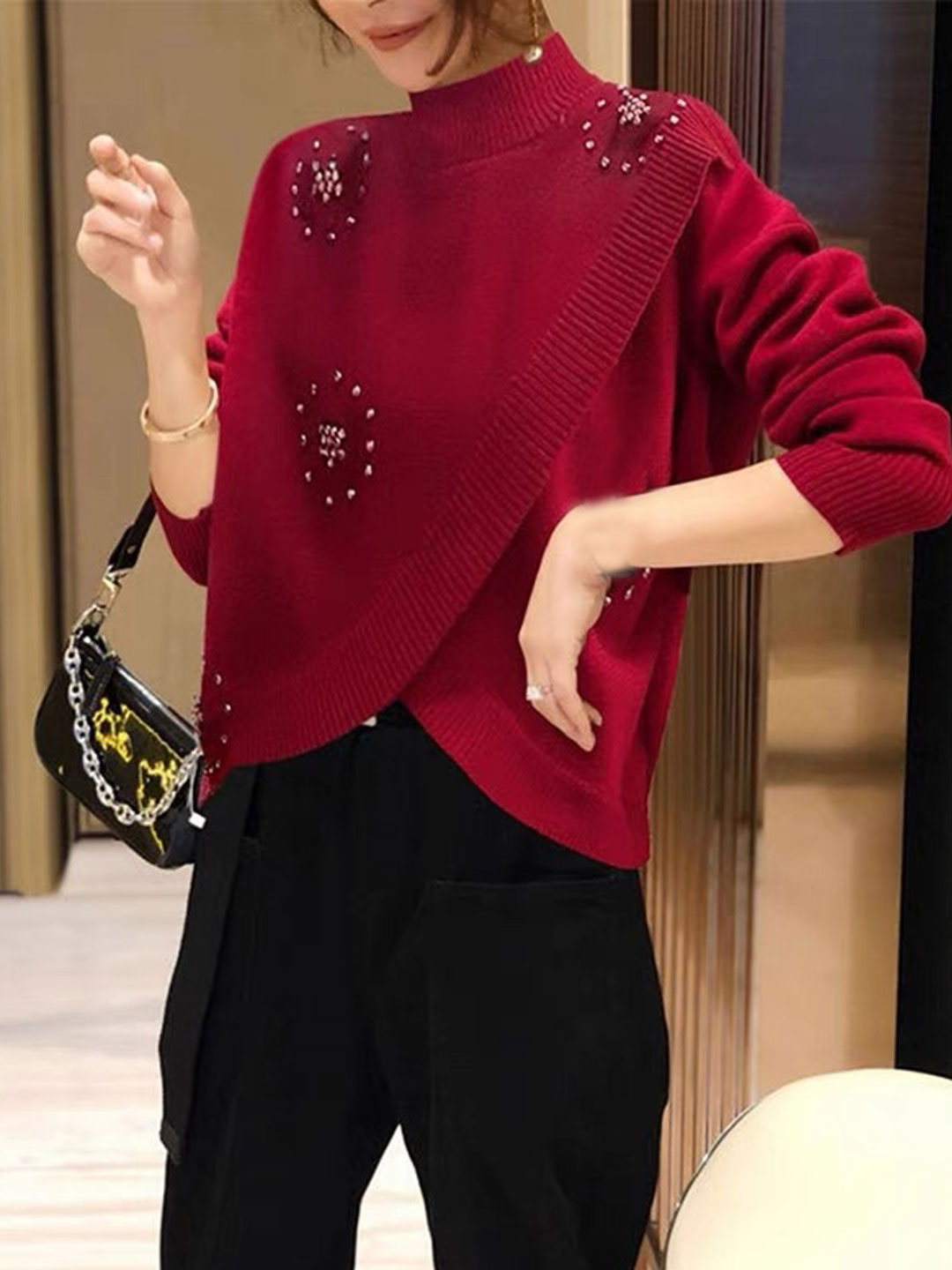 Jasmine Casual Studded Cross Turtleneck Sweater