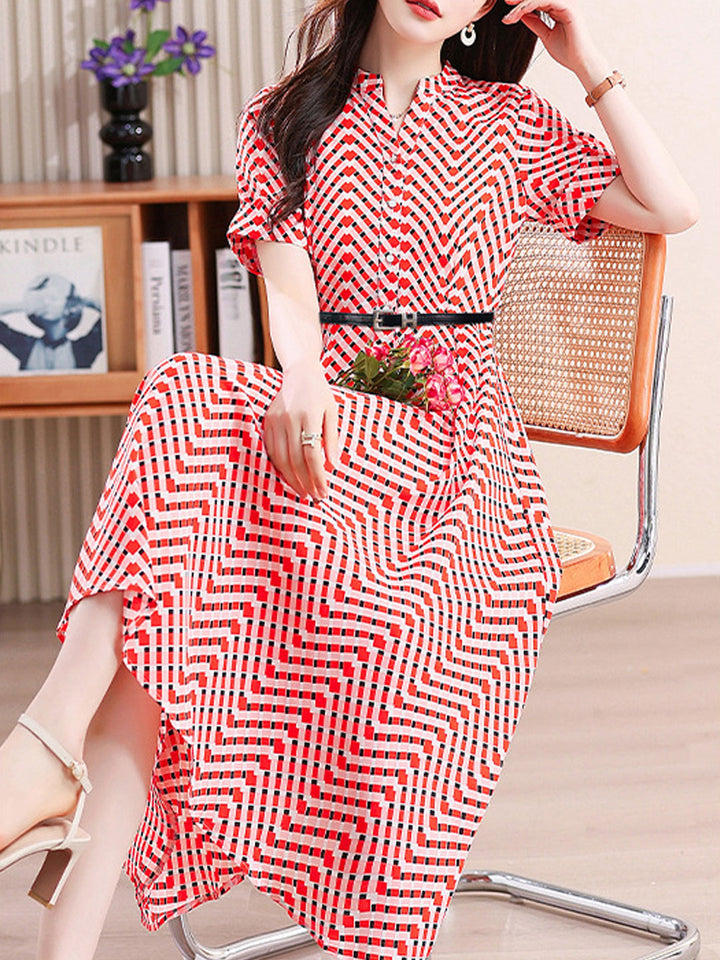 Caroline Casual V-neck Plaid Printed Chiffon Dress