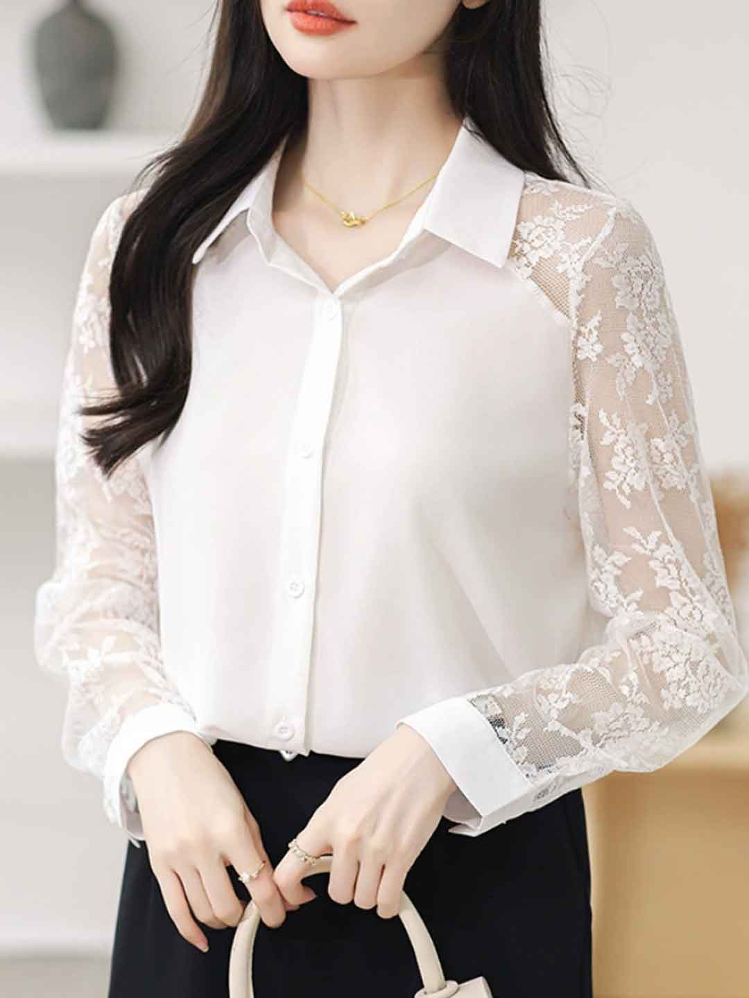 Sophie Loose Lapel Panel Lace Chiffon Shirt